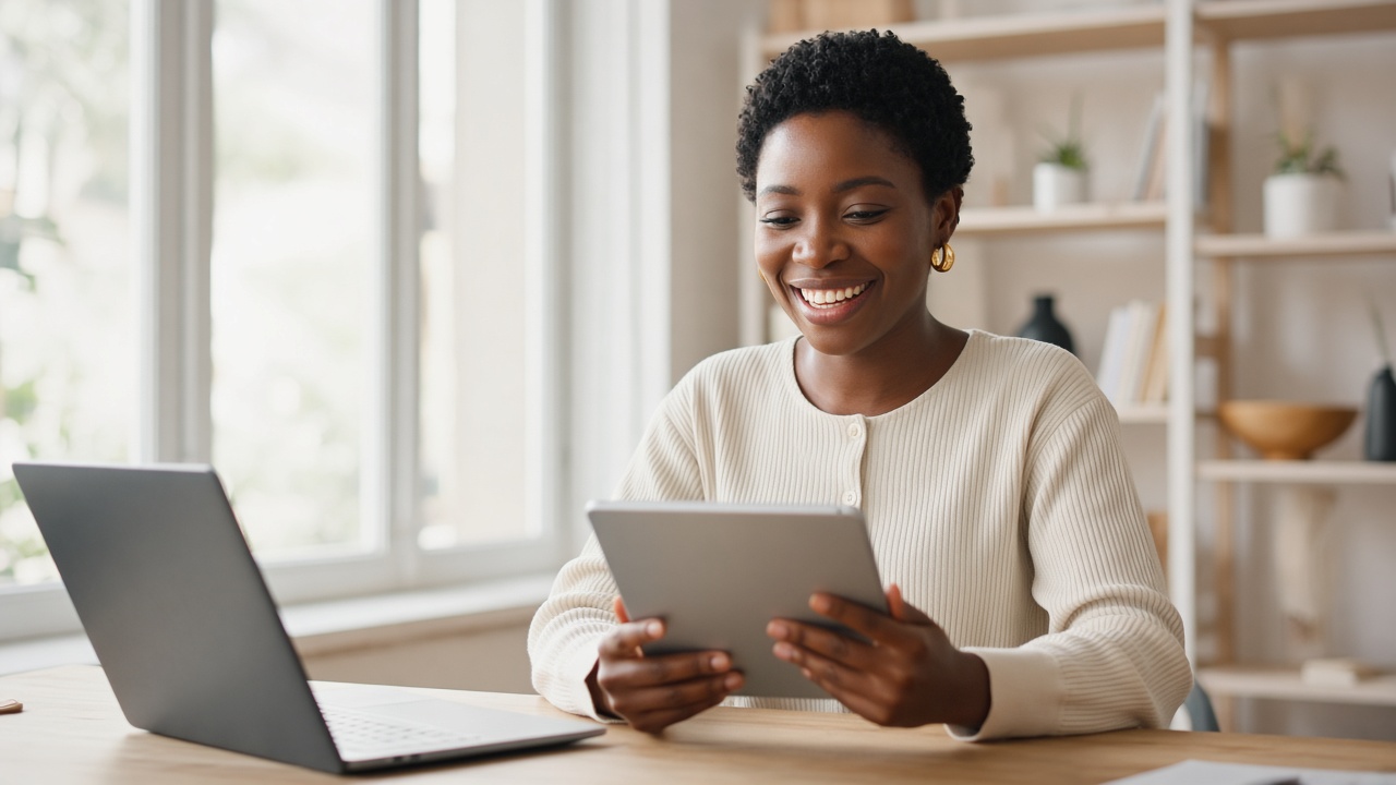 A manager reviewing the month on a tablet at her desk